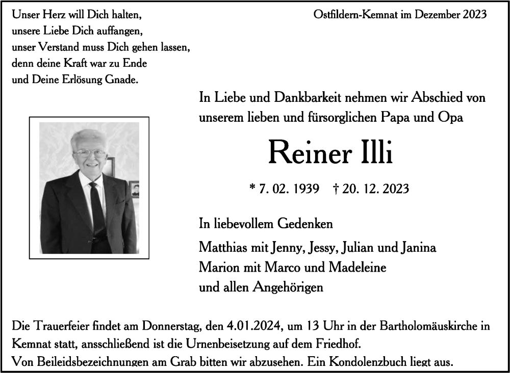  Traueranzeige für Reiner Illi vom 30.12.2023 aus Eßlinger Zeitung/Cannstatter Zeitung