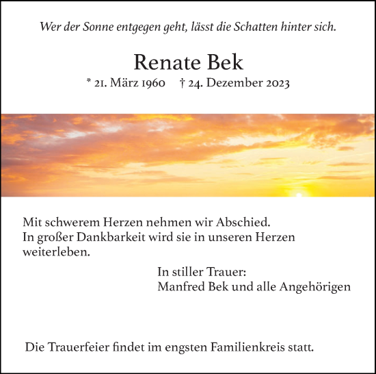 Traueranzeige von Renate Bek von Eßlinger Zeitung/Cannstatter Zeitung