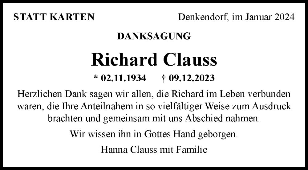  Traueranzeige für Richard Clauss vom 13.01.2024 aus Eßlinger Zeitung/Cannstatter Zeitung