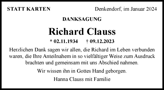 Traueranzeige von Richard Clauss von Eßlinger Zeitung/Cannstatter Zeitung