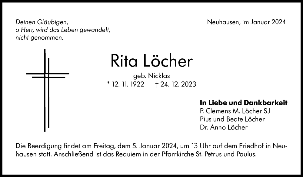  Traueranzeige für Rita Löcher vom 03.01.2024 aus Eßlinger Zeitung/Cannstatter Zeitung