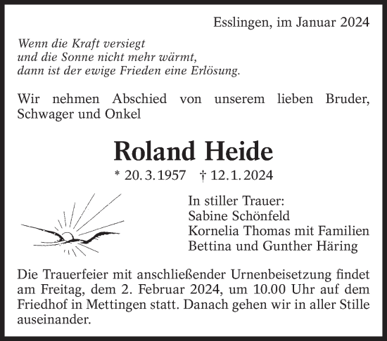 Traueranzeige von Roland Heide von Eßlinger Zeitung/Cannstatter Zeitung