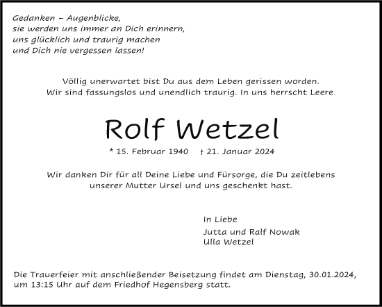 Traueranzeige von Rolf Wetzel von Eßlinger Zeitung/Cannstatter Zeitung