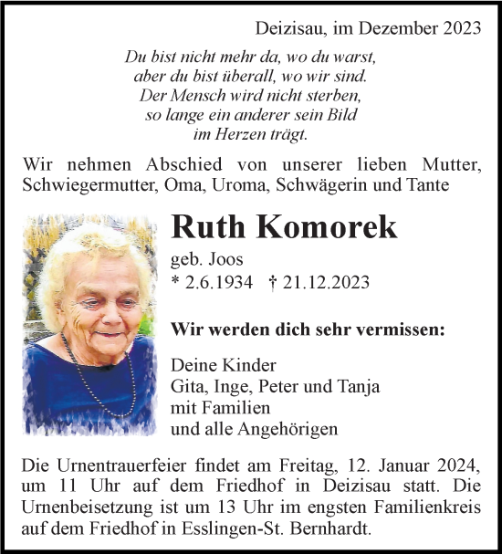 Traueranzeige von Ruth Komorek von Eßlinger Zeitung/Cannstatter Zeitung