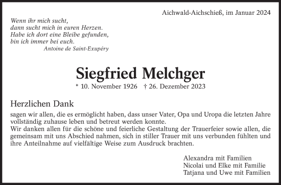 Traueranzeige von Siegfried Melchger von Eßlinger Zeitung/Cannstatter Zeitung