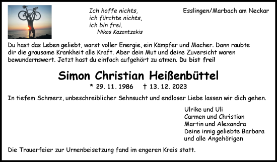 Traueranzeige von Simon Christian Heißenbüttel von Eßlinger Zeitung/Cannstatter Zeitung