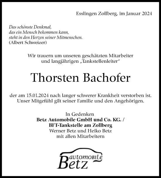 Traueranzeige von Thorsten Bachofer von Eßlinger Zeitung/Cannstatter Zeitung