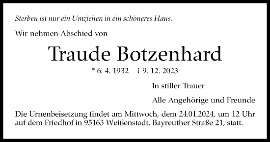Traueranzeige von Traude Botzenhard von Eßlinger Zeitung/Cannstatter Zeitung