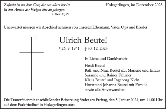 Traueranzeige von Ulrich Beutel von Eßlinger Zeitung/Cannstatter Zeitung