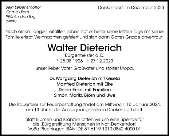 Traueranzeige von Walter Dieterich von Eßlinger Zeitung/Cannstatter Zeitung