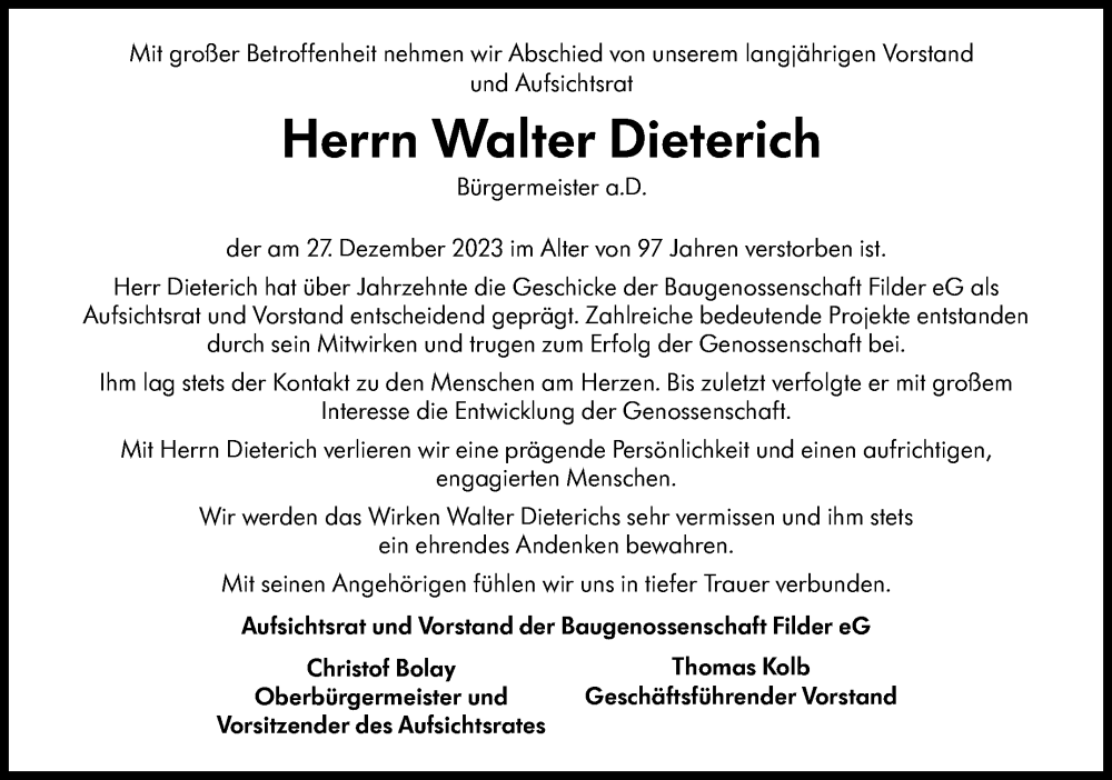  Traueranzeige für Walter Dieterich vom 04.01.2024 aus Eßlinger Zeitung/Cannstatter Zeitung