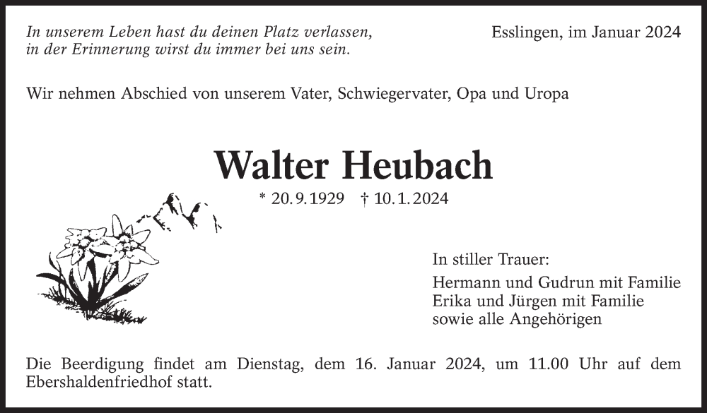  Traueranzeige für Walter Heubach vom 13.01.2024 aus Eßlinger Zeitung/Cannstatter Zeitung