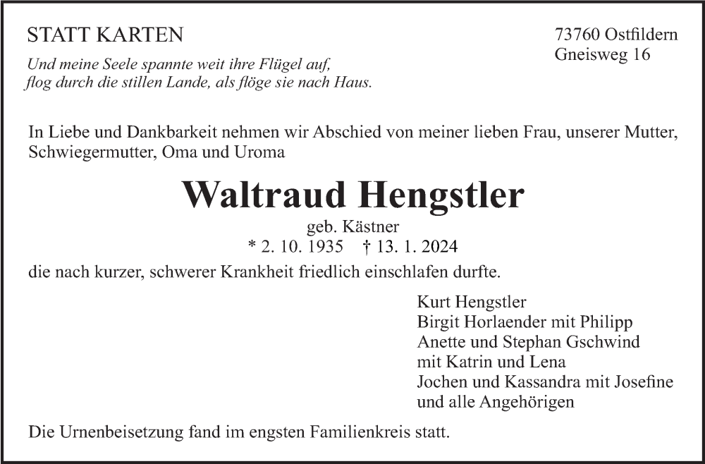  Traueranzeige für Waltraud Hengstler vom 24.01.2024 aus Eßlinger Zeitung/Cannstatter Zeitung