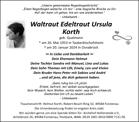 Traueranzeige von Waltraut Edeltraut Ursula Korth von Eßlinger Zeitung/Cannstatter Zeitung