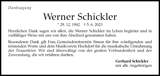 Traueranzeige von Werner Schickler von Eßlinger Zeitung/Cannstatter Zeitung