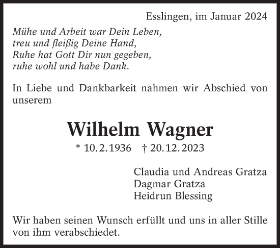 Traueranzeige von Wilhelm Wagner von Eßlinger Zeitung/Cannstatter Zeitung