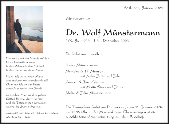 Traueranzeige von Wolf Münstermann von Eßlinger Zeitung/Cannstatter Zeitung