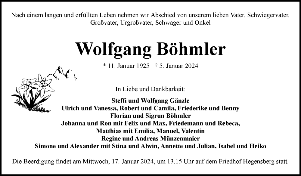  Traueranzeige für Wolfgang Böhmler vom 12.01.2024 aus Eßlinger Zeitung/Cannstatter Zeitung