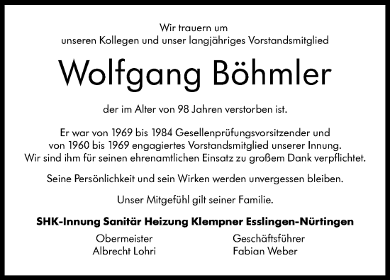 Traueranzeige von Wolfgang Böhmler von Eßlinger Zeitung/Cannstatter Zeitung