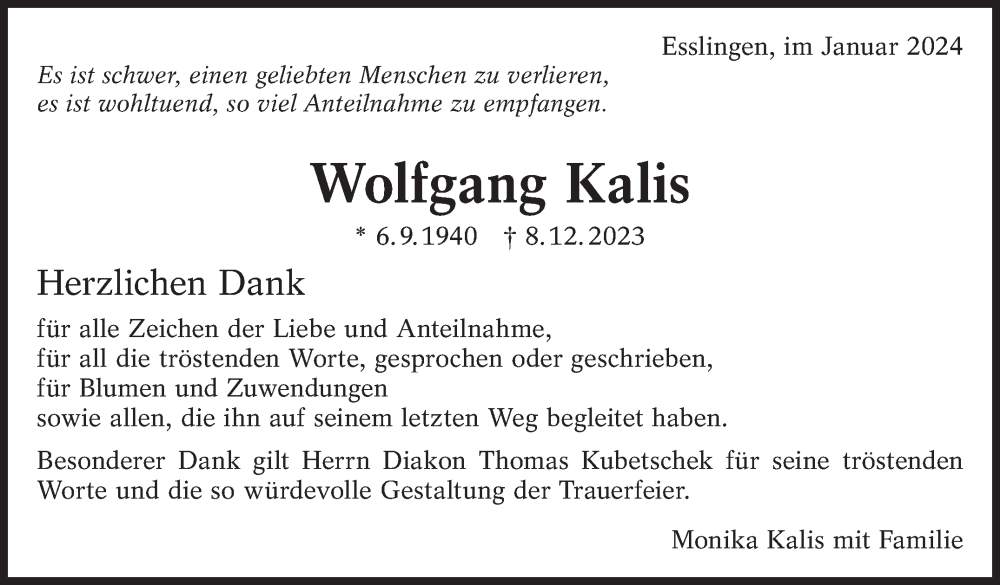  Traueranzeige für Wolfgang Kalis vom 05.01.2024 aus Eßlinger Zeitung/Cannstatter Zeitung