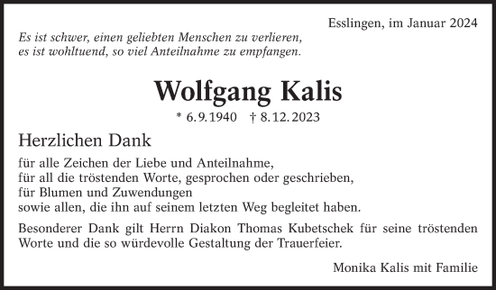 Traueranzeige von Wolfgang Kalis von Eßlinger Zeitung/Cannstatter Zeitung