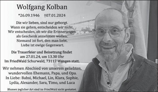 Traueranzeige von Wolfgang Kolban von Eßlinger Zeitung/Cannstatter Zeitung