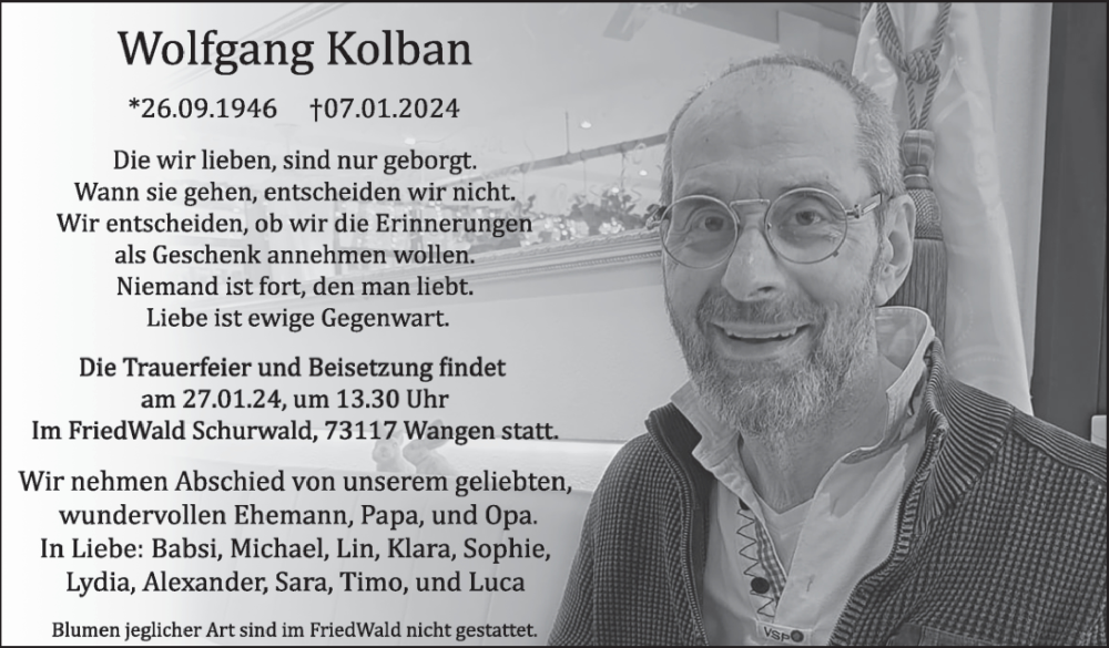  Traueranzeige für Wolfgang Kolban vom 20.01.2024 aus Eßlinger Zeitung/Cannstatter Zeitung