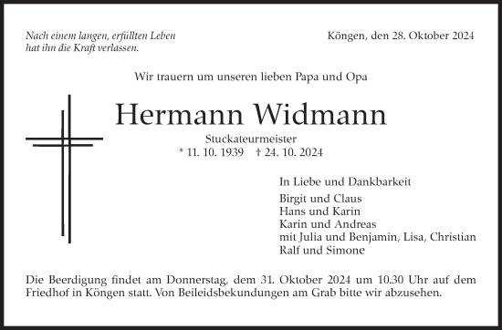 Traueranzeige von Hermann Widmann von Eßlinger Zeitung/Cannstatter Zeitung
