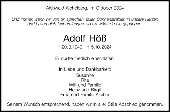 Traueranzeige von Adolf Höß von Eßlinger Zeitung/Cannstatter Zeitung