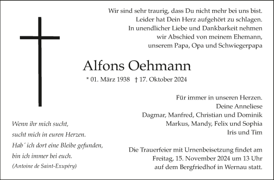 Traueranzeige von Alfons Oehmann von Eßlinger Zeitung/Cannstatter Zeitung
