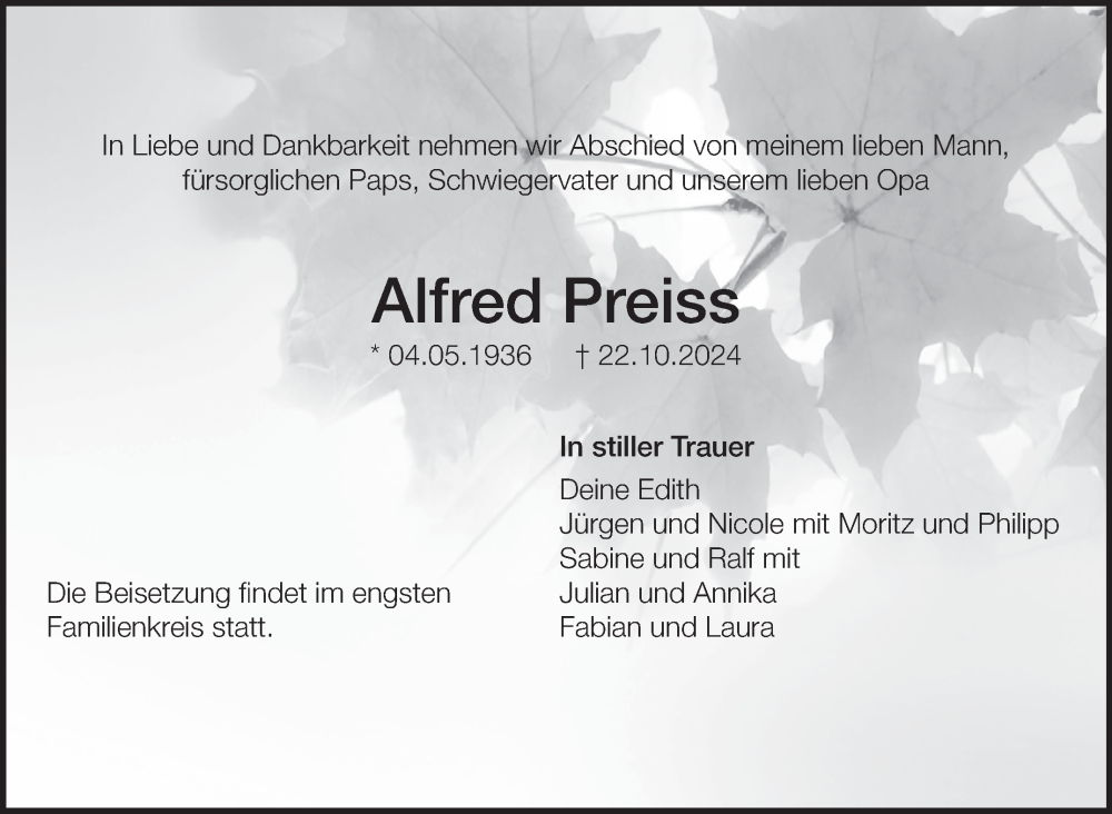  Traueranzeige für Alfred Preiss vom 26.10.2024 aus Eßlinger Zeitung/Cannstatter Zeitung