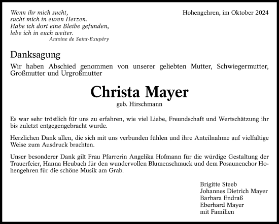 Traueranzeige von Christa Mayer von Eßlinger Zeitung/Cannstatter Zeitung