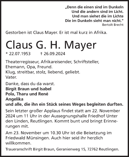 Traueranzeige von Claus G. H. Mayer von Eßlinger Zeitung/Cannstatter Zeitung