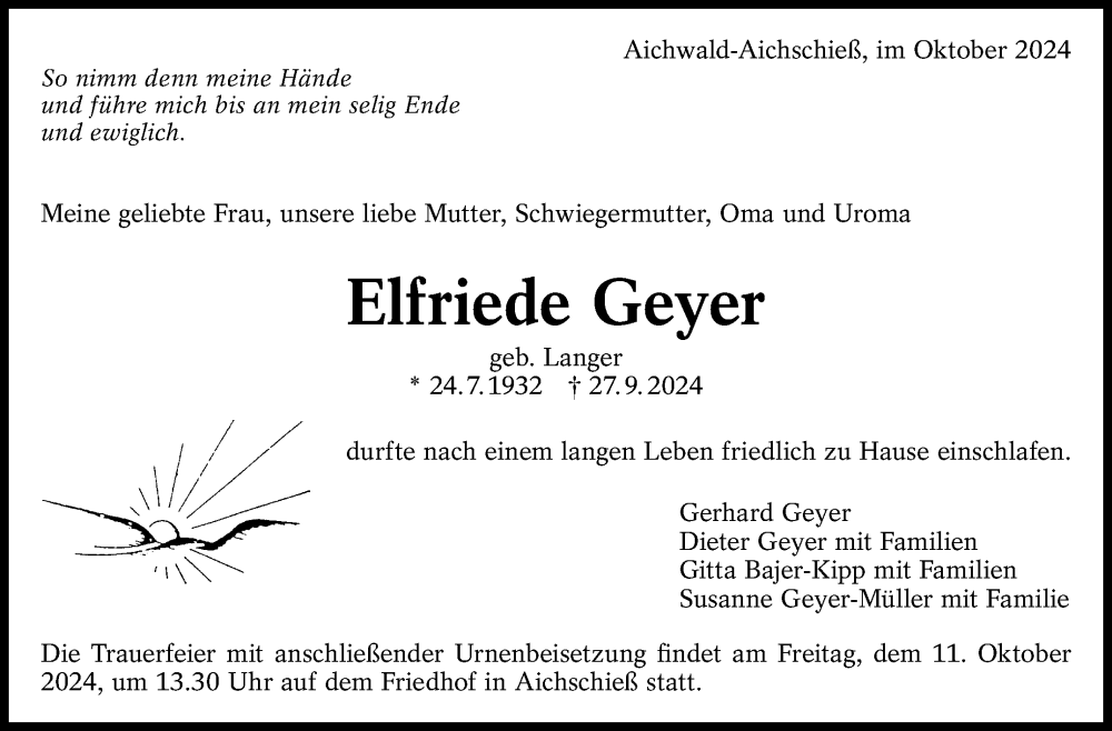  Traueranzeige für Elfriede Geyer vom 05.10.2024 aus Eßlinger Zeitung/Cannstatter Zeitung