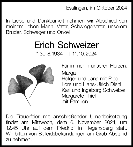 Traueranzeige von Erich Schweizer von Eßlinger Zeitung/Cannstatter Zeitung