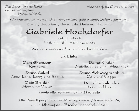 Traueranzeige von Gabriele Hochdorfer von Eßlinger Zeitung/Cannstatter Zeitung