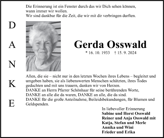 Traueranzeige von Gerda Osswald von Eßlinger Zeitung/Cannstatter Zeitung