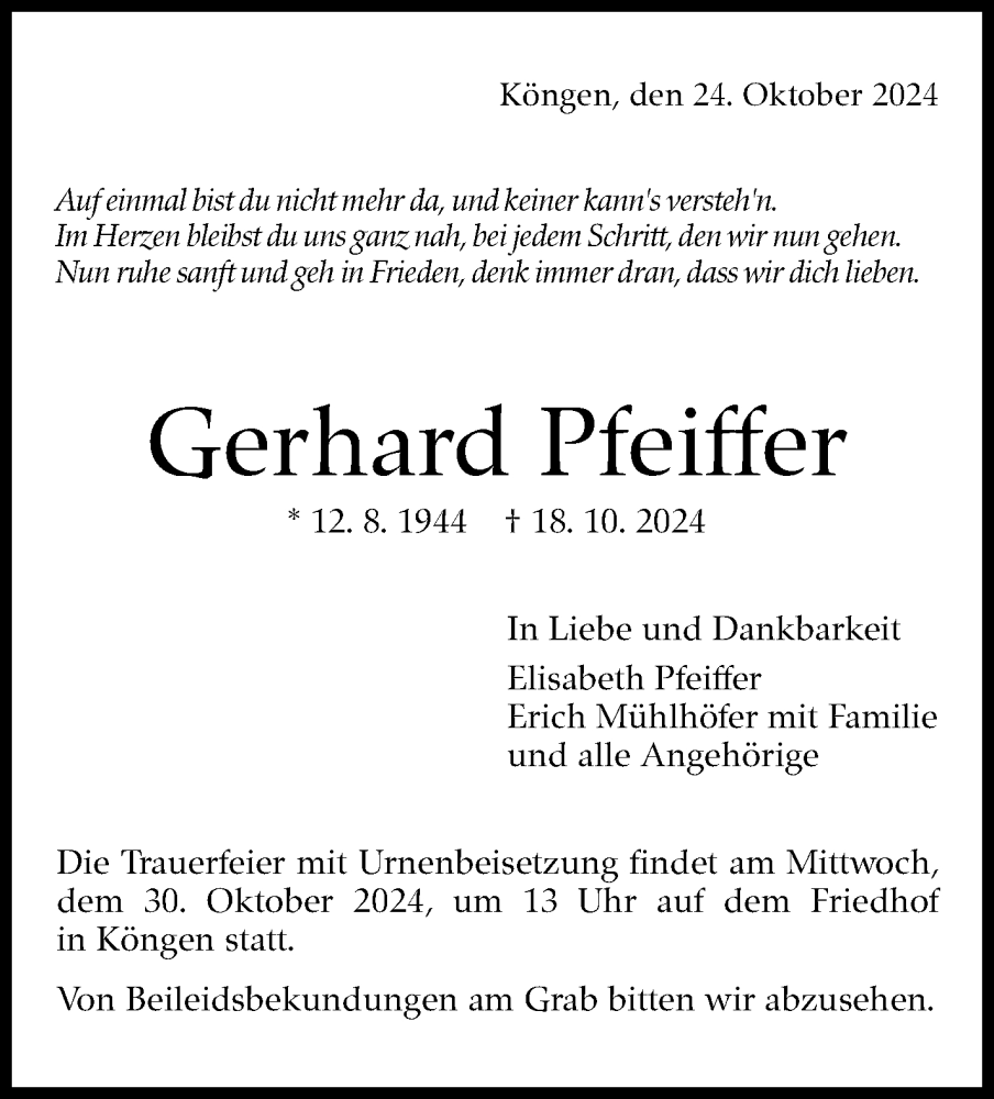  Traueranzeige für Gerhard Pfeiffer vom 24.10.2024 aus Eßlinger Zeitung/Cannstatter Zeitung