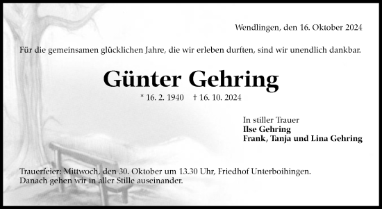 Traueranzeige von Günter Gehring von Eßlinger Zeitung/Cannstatter Zeitung