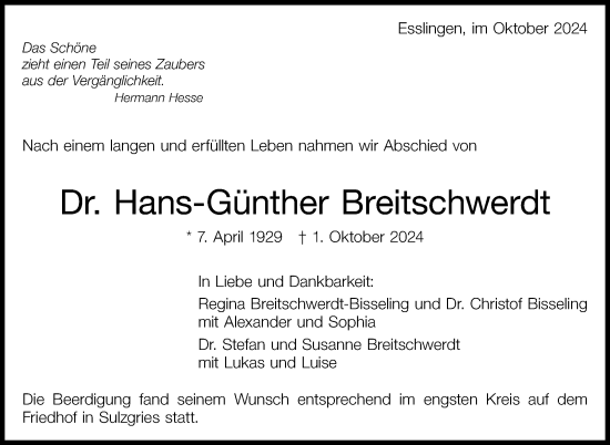 Traueranzeige von Hans-Günther Breitschwerdt von Eßlinger Zeitung/Cannstatter Zeitung