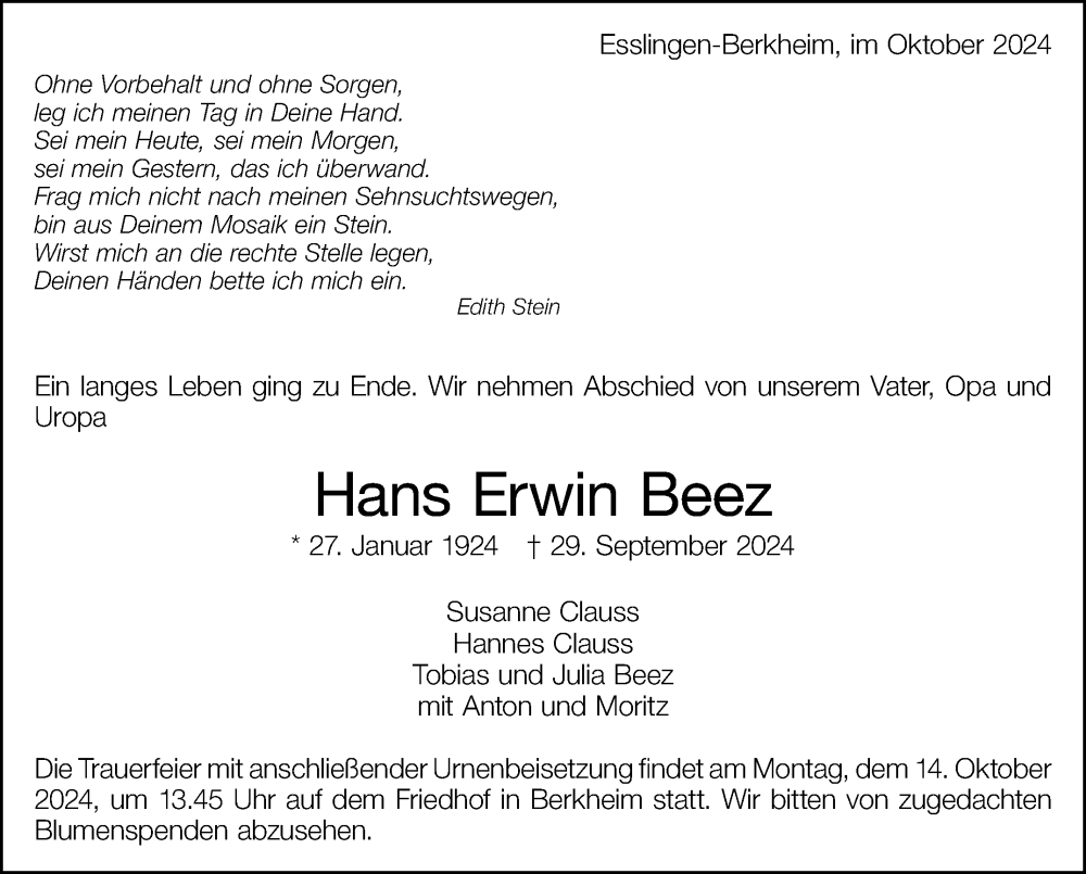  Traueranzeige für Hans Erwin Beez vom 09.10.2024 aus Eßlinger Zeitung/Cannstatter Zeitung