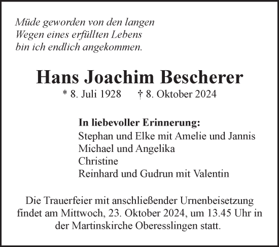 Traueranzeige von Hans Joachim Bescherer von Eßlinger Zeitung/Cannstatter Zeitung