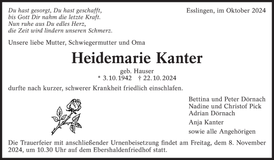 Traueranzeige von Heidemarie Kanter von Eßlinger Zeitung/Cannstatter Zeitung