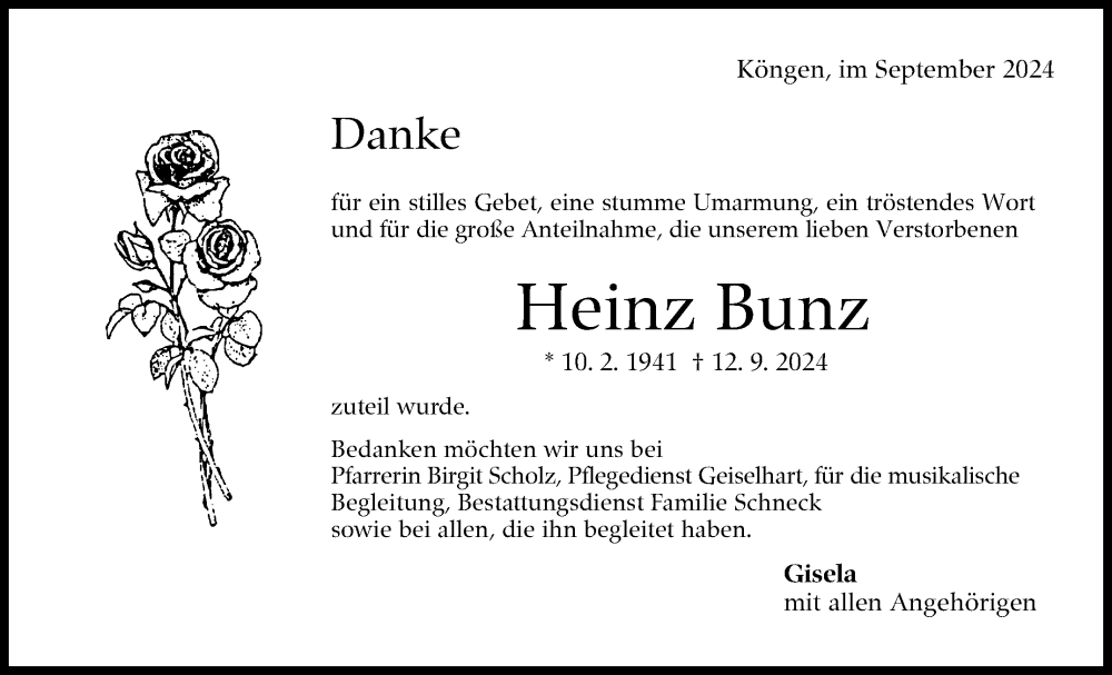  Traueranzeige für Heinz Bunz vom 30.09.2024 aus Eßlinger Zeitung/Cannstatter Zeitung