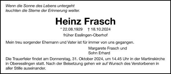 Traueranzeige von Heinz Frasch von Eßlinger Zeitung/Cannstatter Zeitung