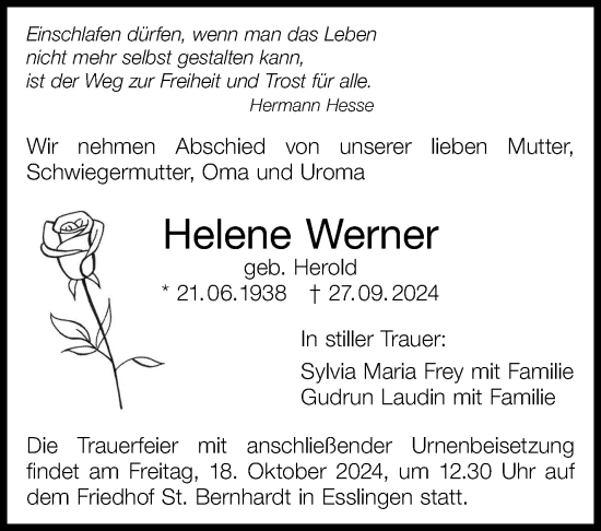 Traueranzeige von Helene Werner von Eßlinger Zeitung/Cannstatter Zeitung
