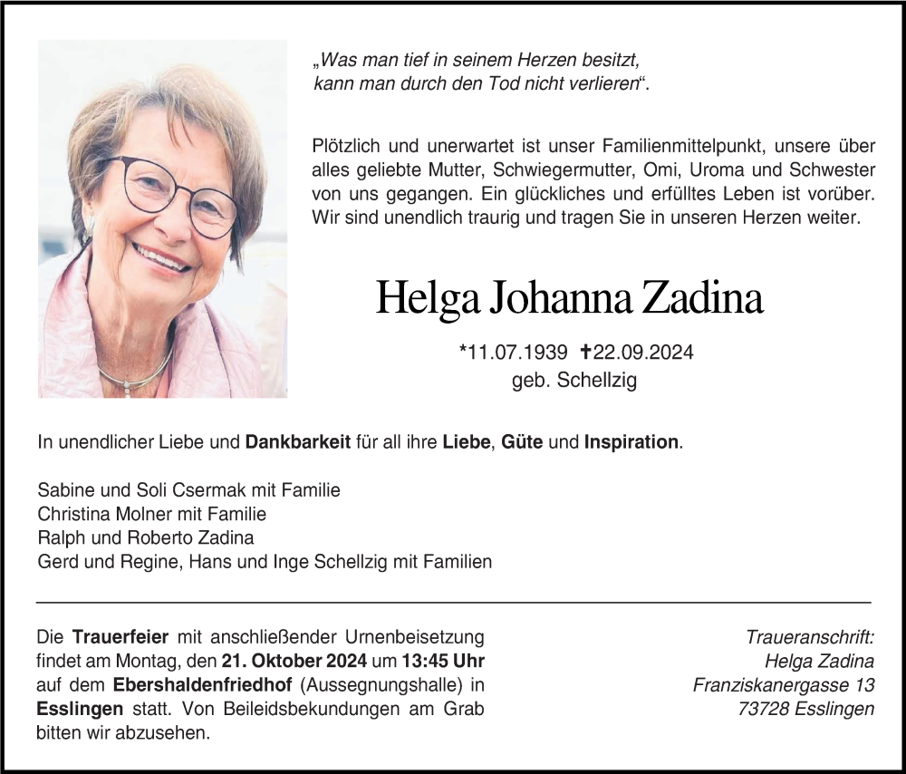  Traueranzeige für Helga Johanna Zadina vom 12.10.2024 aus Eßlinger Zeitung/Cannstatter Zeitung