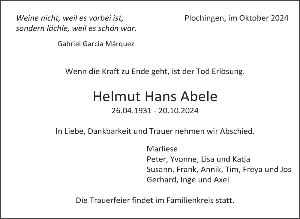  Traueranzeige für Helmut Hans Abele vom 24.10.2024 aus Eßlinger Zeitung/Cannstatter Zeitung
