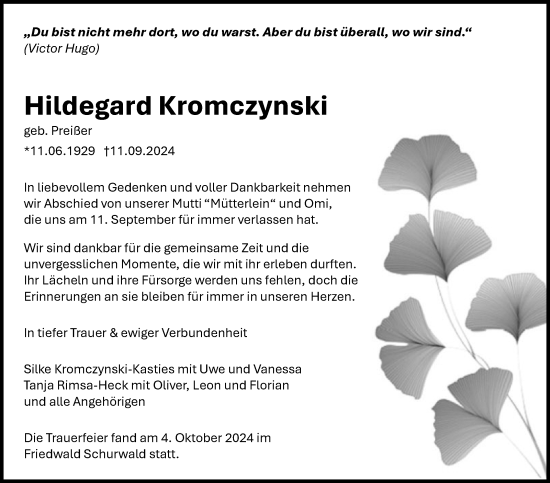 Traueranzeige von Hildegard Kromczynski von Eßlinger Zeitung/Cannstatter Zeitung
