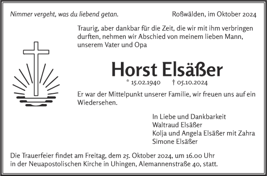 Traueranzeige von Horst Elsäßer von Eßlinger Zeitung/Cannstatter Zeitung